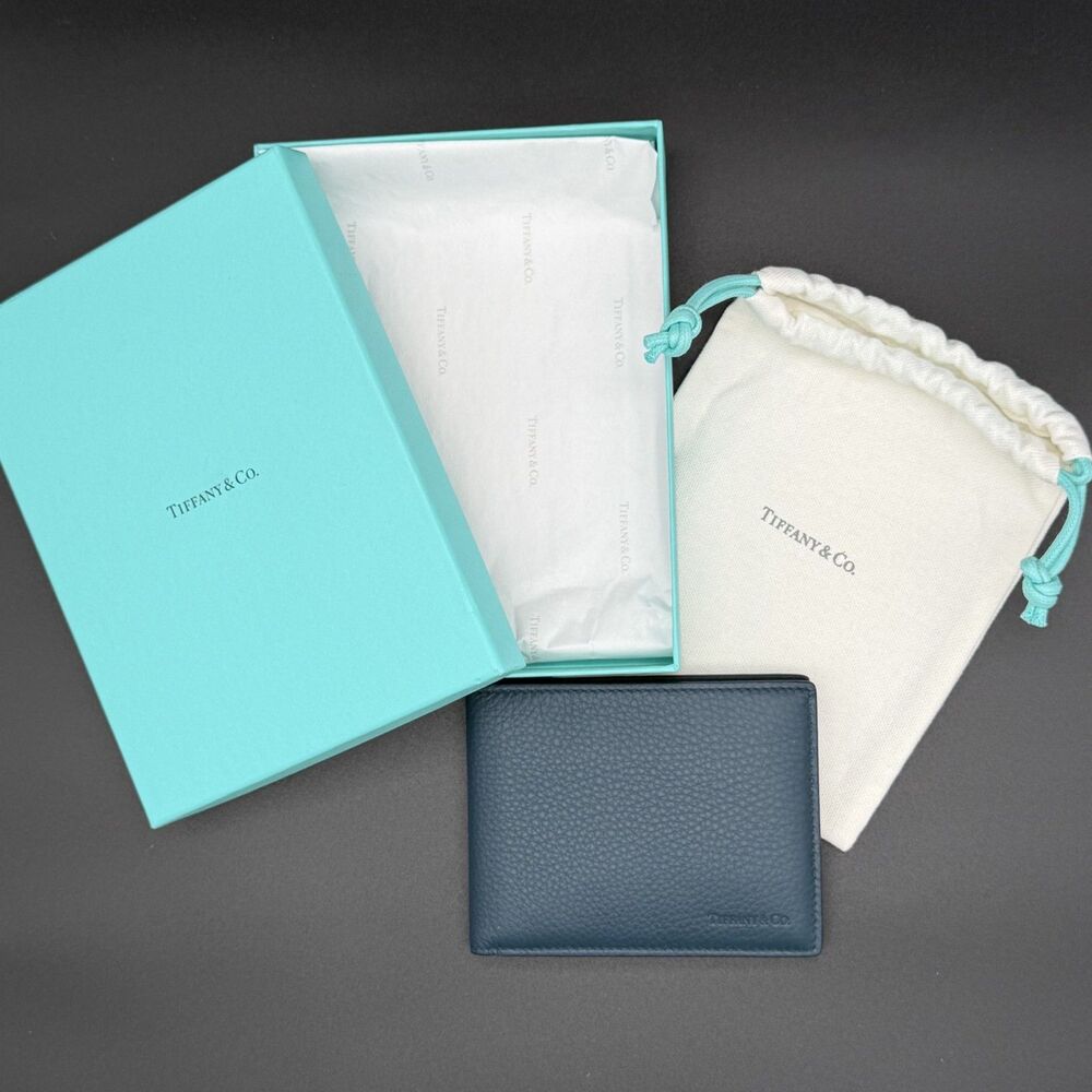 NEW Tiffany & Co. Men’s Grain Leather Bifold Wallet - Pond Blue - Full Set - Picture 2 of 11